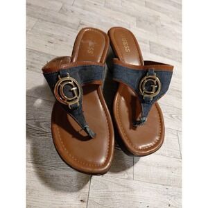 Y2K fashion Aesthetic Guess denim wedge thong sandals goldtone G logo buckle 7½M